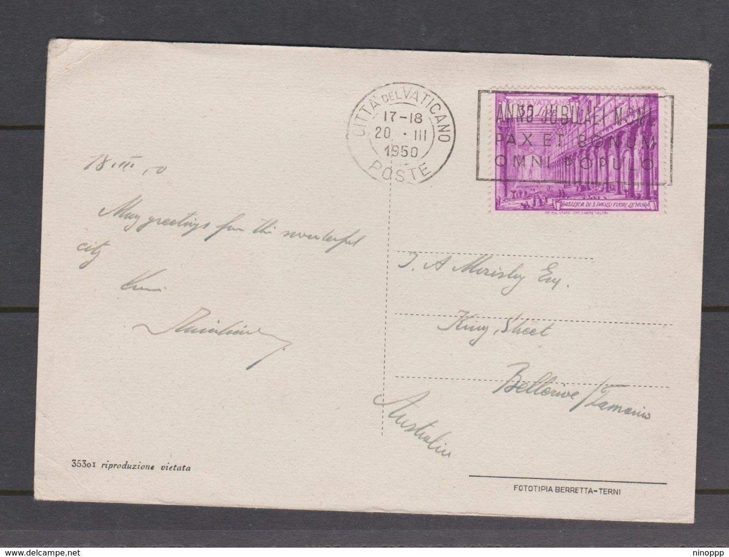 Vatican-1950 Postcard With 35 Lire Basilica  Sent To Australia - Brieven En Documenten