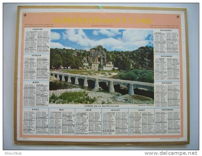 CALENDRIERS ALMANACH DES P.T.T. COMPLET ETAT VOIR SCANN /1968 GORGE DE LA BAUME LE VILLAGE - Grossformat : 1961-70