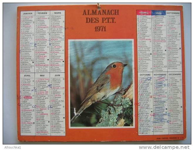 CALENDRIERS ALMANACH DES P.T.T. DOUBLES PHOTOS /COMPLET ETAT VOIR SCANN /1971  OISEAU CHAT  TAGUé - Tamaño Grande : 1971-80