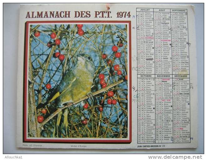 CALENDRIERS ALMANACH DES P.T.T. DOUBLES PHOTOS /COMPLET ETAT VOIR SCANN /1974 VERDIER  D 'EUROPE  / CHAT - Big : 1971-80