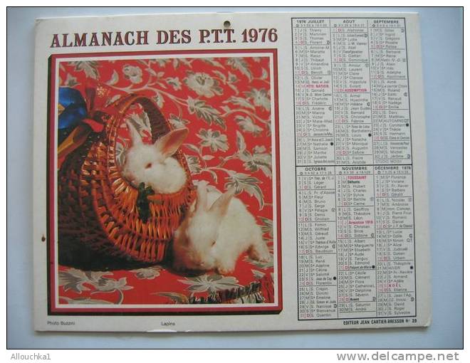 CALENDRIER ALMANACH DES P.T.T. DOUBLES PHOTOS  DE 1976  LAPINS BLANCS / PETITS SKIEURS - Grossformat : 1971-80