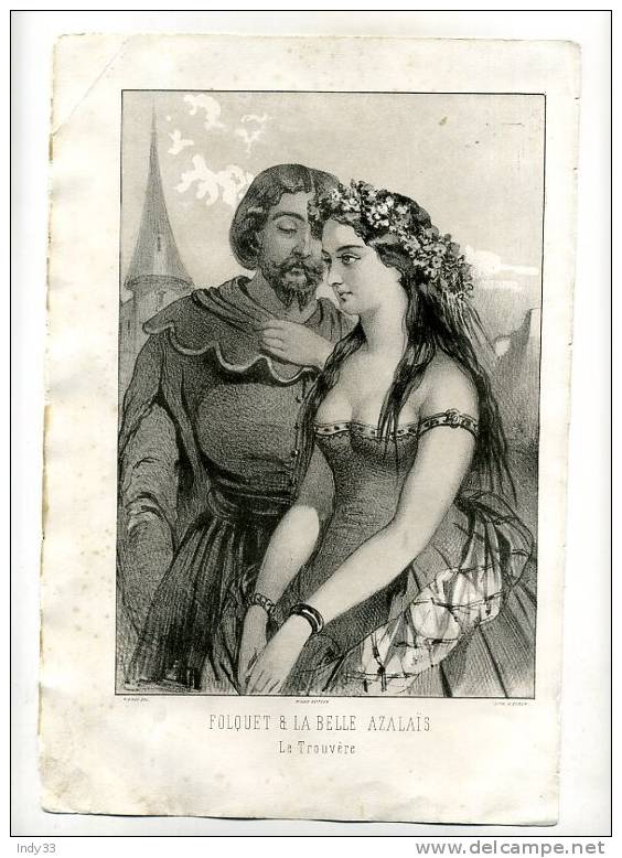 - FOLQUET ET LA BELLE AZALAÏS . LITHO DU XIXe S. AVEC TEINTE DE FOND - Lithographies