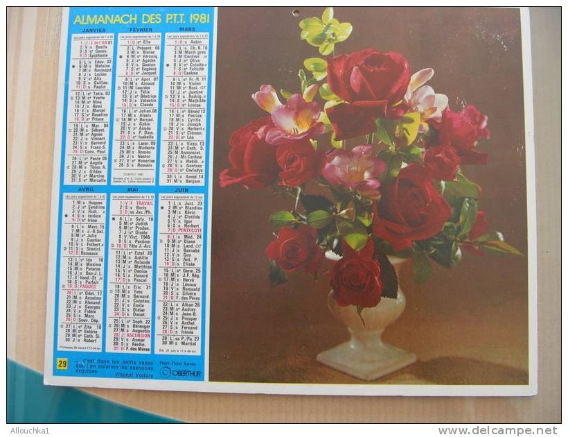 CALENDRIER ALMANACH DES  P.T.T. 1981 BOUQUETS DE FLEURS ROSES - Grand Format : 1981-90