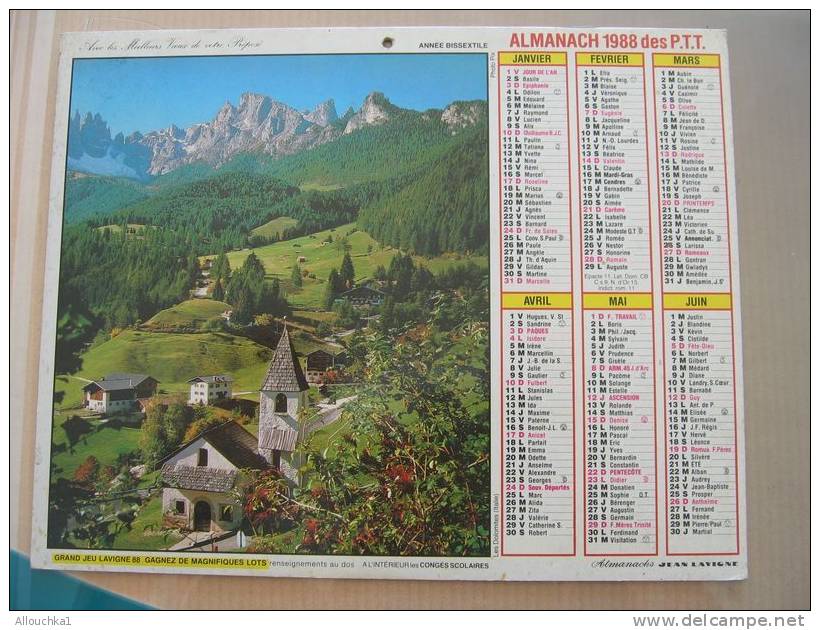 CALENDRIER ALMANACH DES  P.T.T. 1988  LES DOLOMITES ITALIE  ALPAGES 38 - Formato Grande : 1981-90