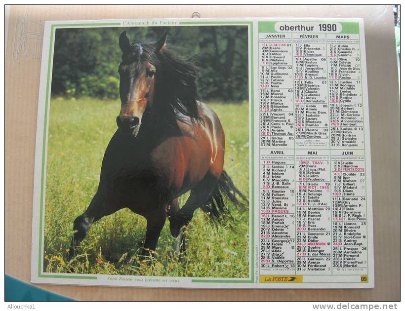 CALENDRIER ALMANACH DES  P.T.T. 1990 CHEVAL CHIEN BERGER ALLEMAND - Big : 1981-90