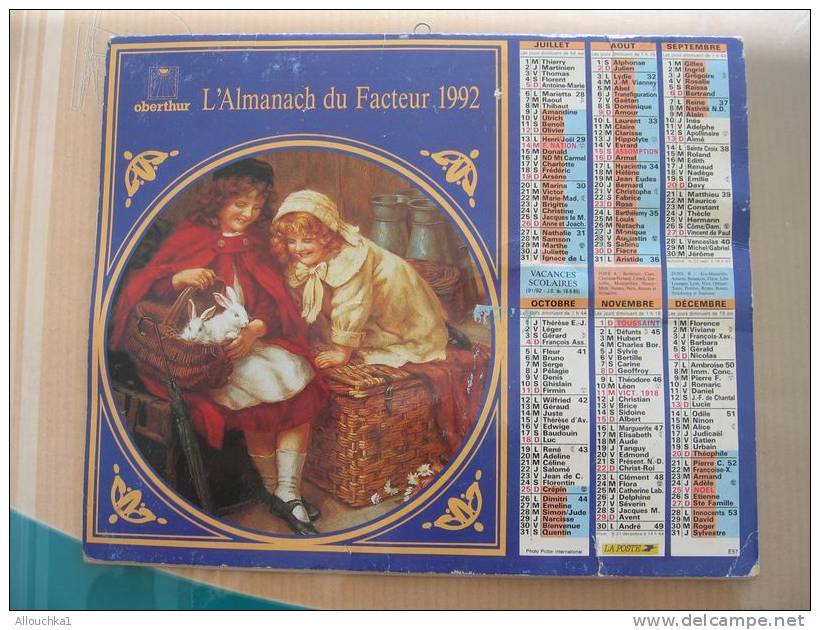 CALENDRIER ALMANACH DES  P.T.T. 1992 PRIERE CHIEN LAPINEAUX   ETAT MOYEN - Formato Grande : 1991-00