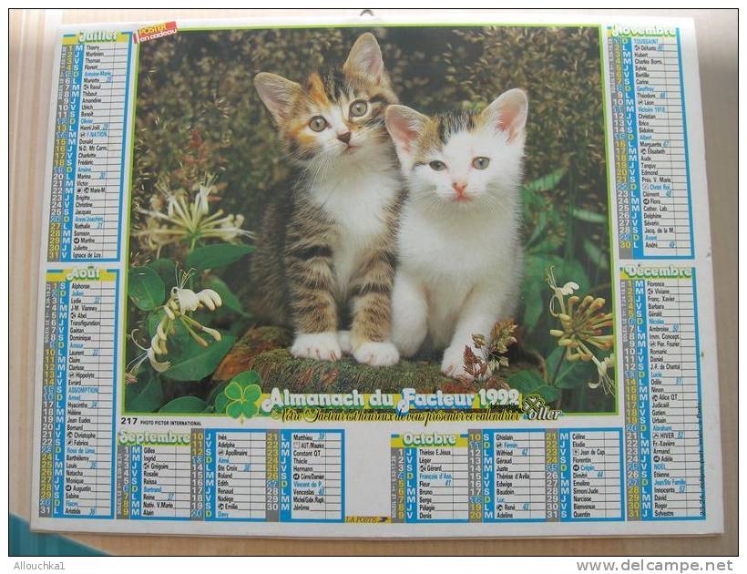 CALENDRIER ALMANACH DES  P.T.T. 1992 /CHIENS CHATS - Grand Format : 1991-00