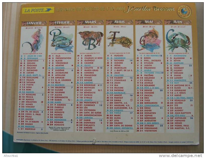 CALENDRIER ALMANACH DES  P.T.T DE 2000  / SIGNES DU ZODIAQUE - Big : 1991-00