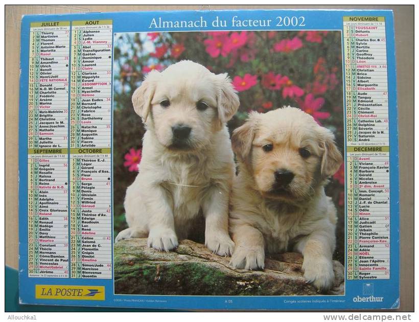 CALENDRIER ALMANACH DES  P.T.T DE 2002  / CHIENS  CHIOTS - Formato Grande : 2001-...