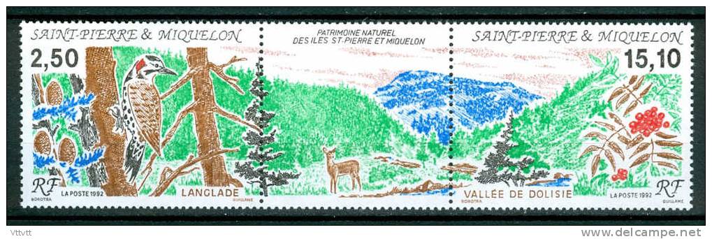 SAINT-PIERRE-ET-MIQUELON, 1992, N° 568 A**, Triptyque Avec Vignette Centrale (Yvert Et Tellier) Langlade Et La Dolisie - Unused Stamps
