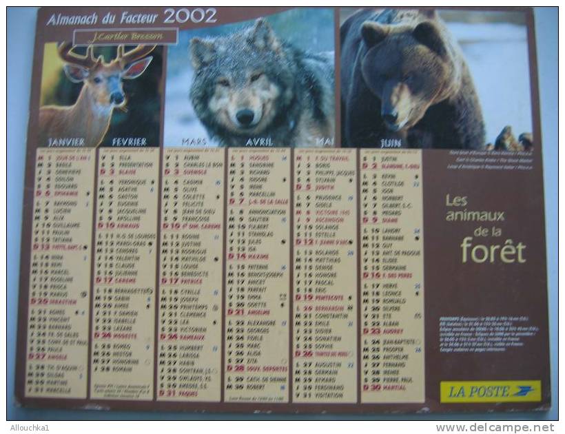 CALENDRIER ALMANACH DES P.T.T. 2002 LES ANIMAUX DE LA FORET LOUP OURS CERF FAISAN LAPIN CHOUETTE - Big : 2001-...