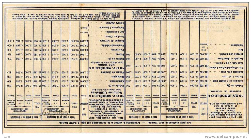 CITROEN TYPE C 4 - TARIF N° 20  - 6 PAGES Taille 15X10 - Automobili