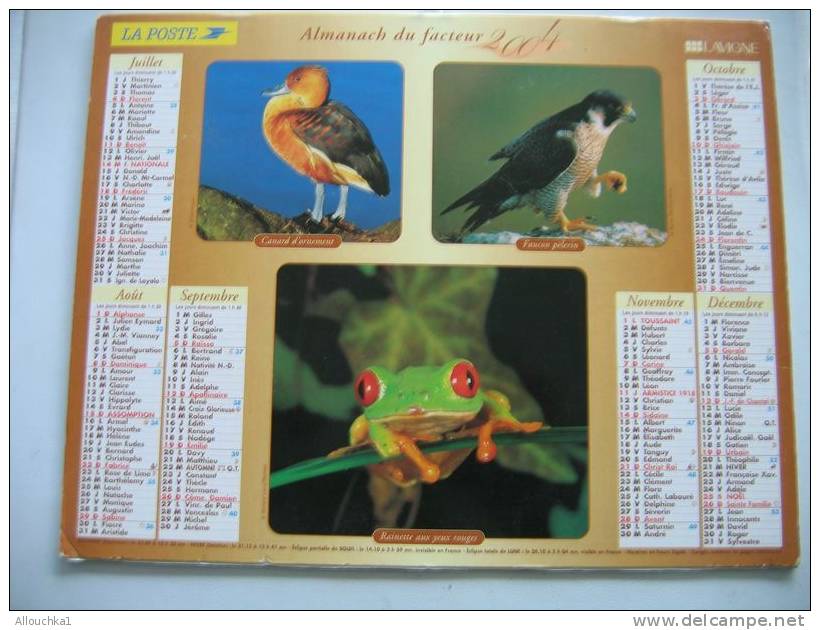 CALENDRIER ALMANACH DES P.T.T. DOUBLE PHOTOS/ 2004 / CANARD FAUCON PELERIN RAINETTE YEUX ROUGES CERF VIRGINIE MARCASSIN - Grossformat : 2001-...