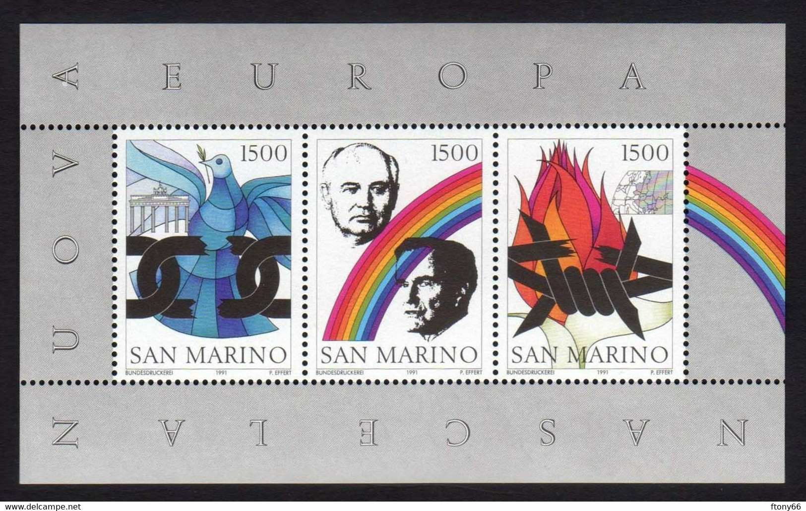1991 San Marino Foglietto "Nasce La Nuova Europa" - Nuovo Gomma Integra MNH** - Blocchi & Foglietti