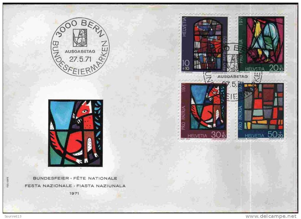 Fdc Suisse 1971 Verres & Vitraux Art Sacral Contemporain Coq Renard - Verres & Vitraux