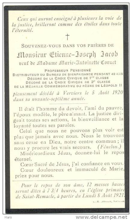 Faire-part De Décès - VERVIERS - E.J. Jacob 1920 (712) - Autres & Non Classés