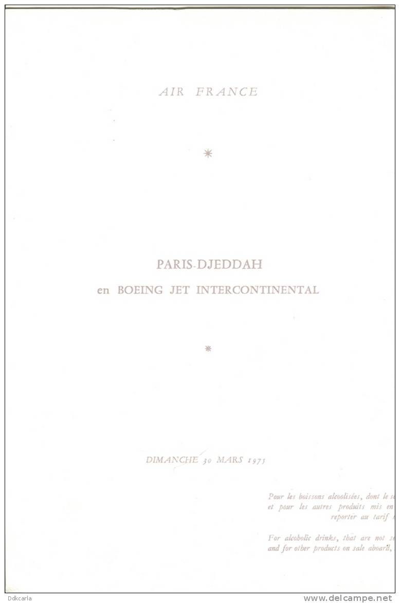 Menu - 1975 - Air France - Paris-Djeddah En Boeing Jet Intercontinental - Menu Cards