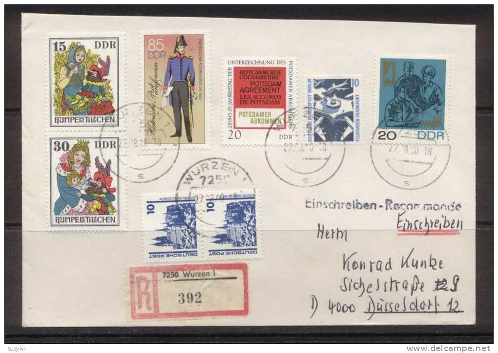 Lettre Recommandee-timbres Mixtes Alleemagne RDA+BRD-1990Postier-uniforme Historique-avions-planes-traite Potsdam Treaty - Cartas & Documentos