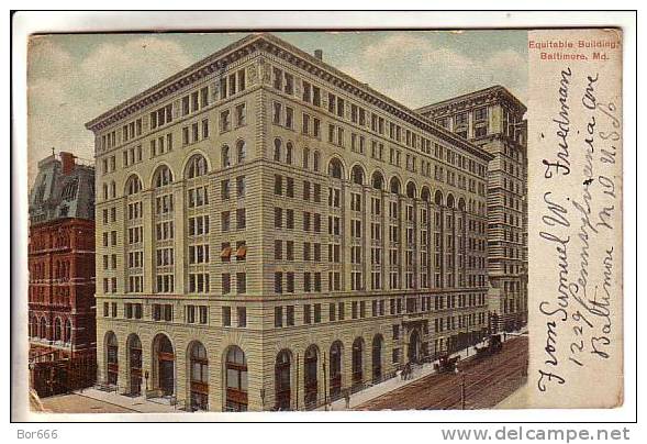 GOOD OLD USA POSTCARD - BALTIMORE - Equitable Building (posted 1908) - Baltimore