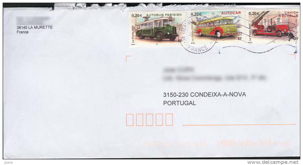 Circulated With France Stamps With Bus And Firefight Vehicle - Pompiers - Bombeiros - Automobile