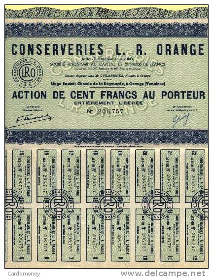 Action De 100 Francs CONSERVERIE L.R. ORANGE (art. N° 196 ) - Industry