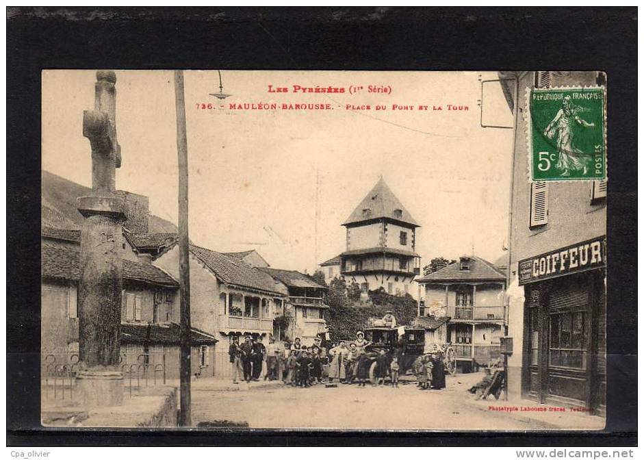 65 MAULEON BAROUSSE Place Du Pont Et De La Tour, Animée, Autobus, Ed Labouche 736, Pyrénées, 190? - Mauleon Barousse