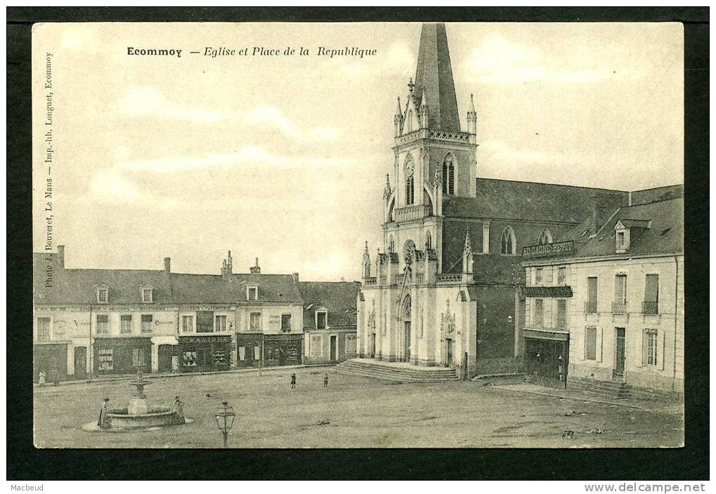 72 - ECOMMOY - Église Et Place De La République - CARTE PRECURSEUR - Ecommoy