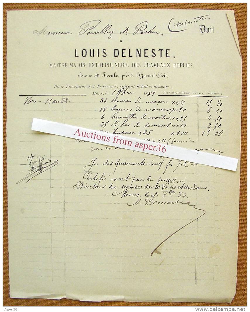 Lettre "Louis Delneste, Maitre Maçon, Avenue De Roeulx, Mons 1883" - 1800 – 1899