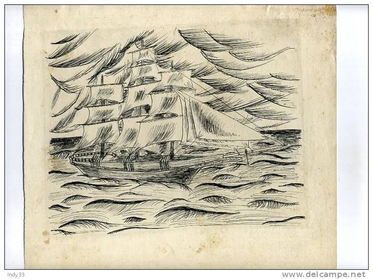 - BATEAU A VOILE . TROIS MATS . DESSIN A L´ENCRE DE CHINE ANNOTE EN BAS - Arte