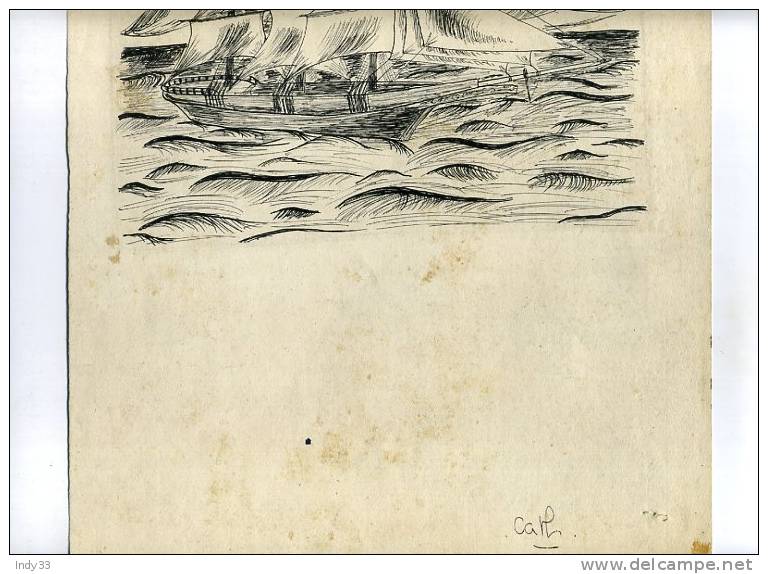 - BATEAU A VOILE . TROIS MATS . DESSIN A L´ENCRE DE CHINE ANNOTE EN BAS - Art