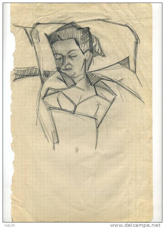 - BUSTE DE FEMME . DESSIN AU CRAYON MILIEU XXe S. SUR PAGE DE CAHIER ARRACHEE - Drawings