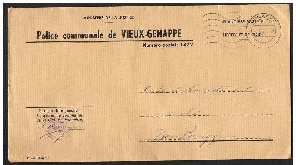 ENVELOPPE  COMMUNALE  VIEUX-GENAPPE (RR!) Oblit. GENAPPE  1973 CACHET COMMUNAL - Lettres & Documents