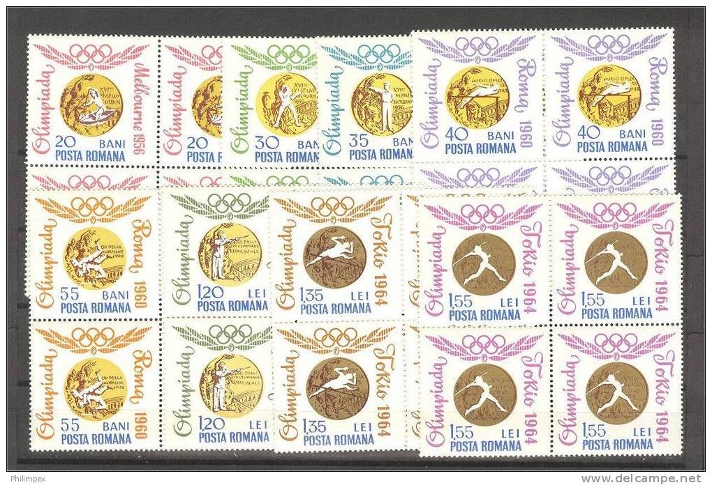 ROMANIA, OLYMPIC GAMES TOKYO, NEVER HINGED SET IN BLOCKS OF 4 **! - Unused Stamps