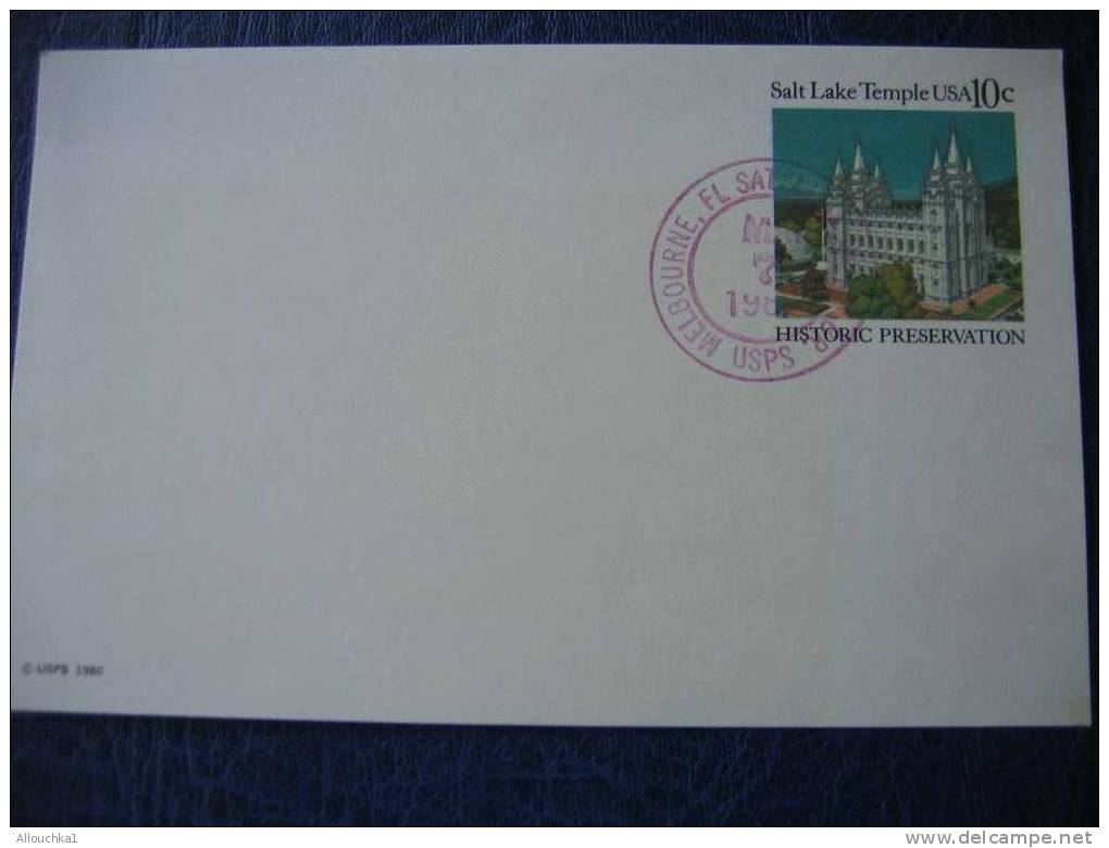 ENTIER POSTAL ETATS UNIS D' AMERIQUE POSTAL CARD  1989 MELBOURNE FL SATELLITE USPO /SALT LAKE TEMPLE HISTORIC PRESER1989 - 1981-00