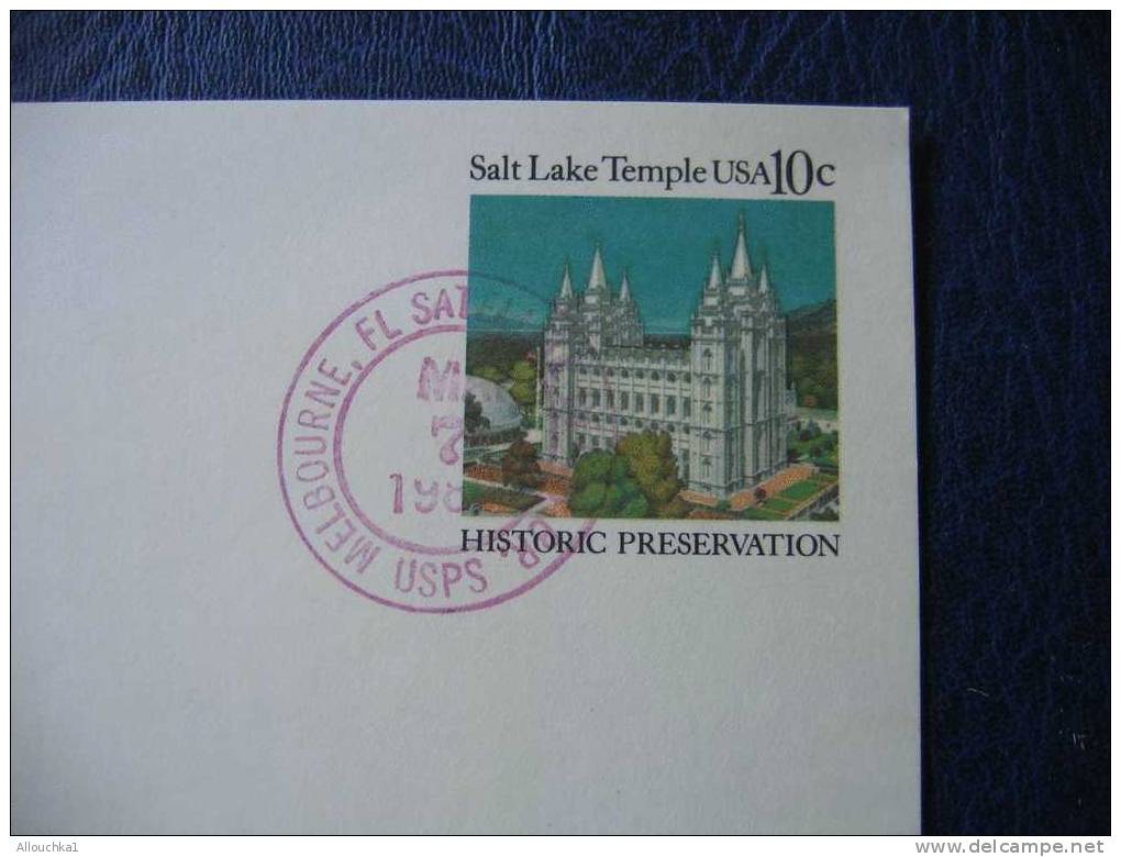 ENTIER POSTAL ETATS UNIS D' AMERIQUE POSTAL CARD  1989 MELBOURNE FL SATELLITE USPO /SALT LAKE TEMPLE HISTORIC PRESER1989 - 1981-00
