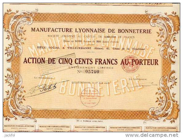 MANUFACTURE LYONNAISE DE BONNETERIE (action) - 1928 - Textiel