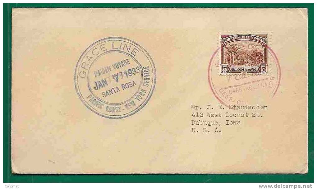 GRACE LINE - MAIDEN VOYAGE - 1933 COVER From BARRANQUILLA To IOWA On PACIFIC COAST - NEW YORK SERVICE SHIP - Otros (Mar)