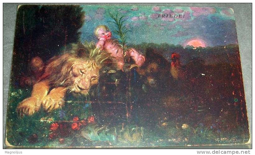 Animals,Lion,Baby,Child,Art,Painting,vintage Postcard - Lions