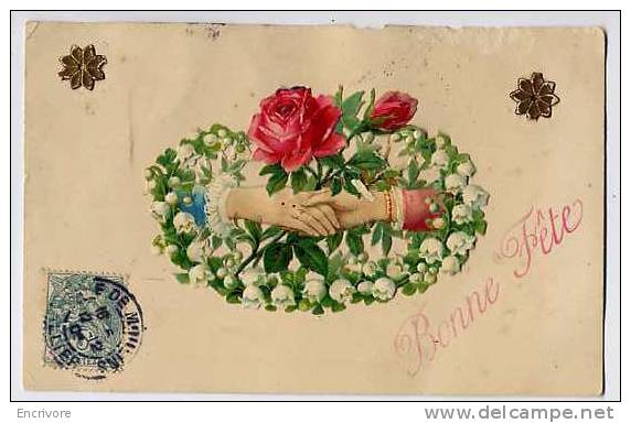 Carte Postale Fabriquée Par Collage De DECOUPI 2 Mains Rose Et Muguet Fleurs Dorées "bonne Fete - Bloemen