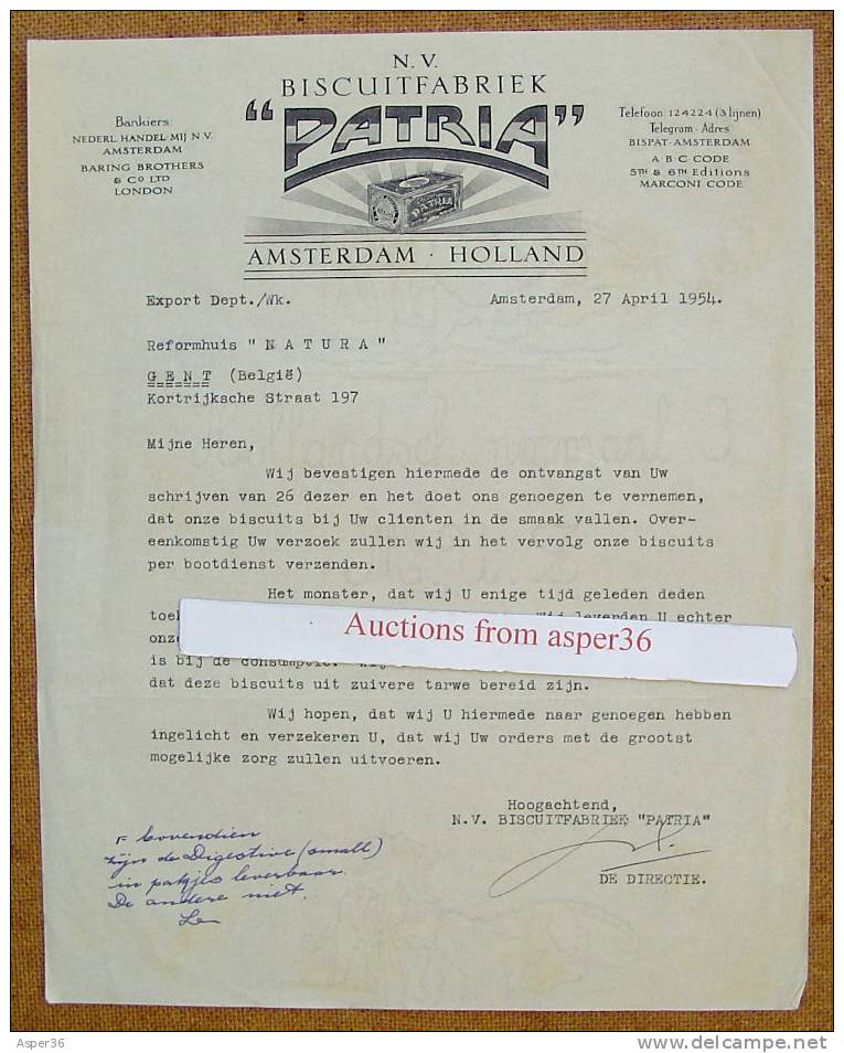 Brief "N.V. Biscuitfabriek 'Patria' Amsterdam Holland Nederland" 1954 - Netherlands