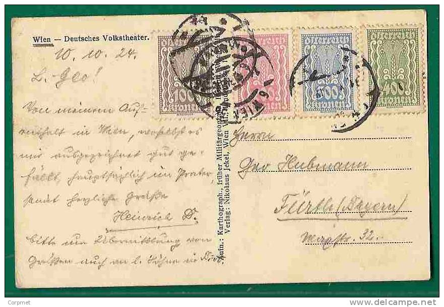 AUSTRIA - MULTICOLORED FRANKING (4 Stamps) On WIEN -Deutsches Volkstheater 1924 POSTCARD - Covers & Documents