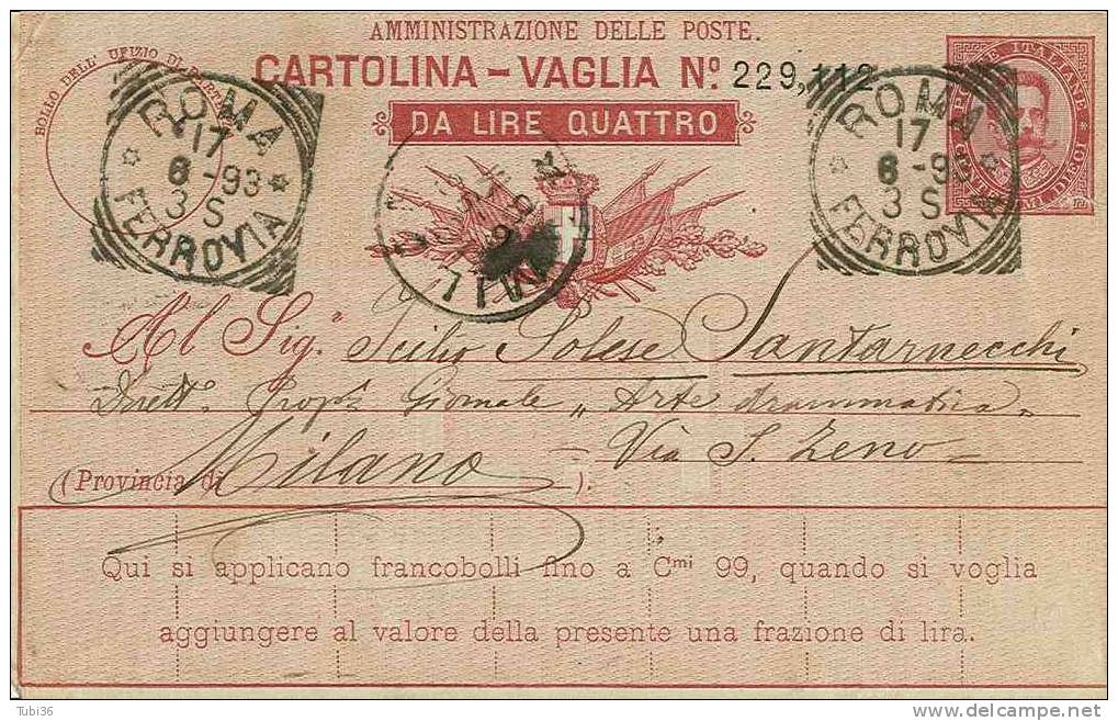 CARTOLINA VAGLIA - LIRE 4  ROMA 1893 - Entiers Postaux