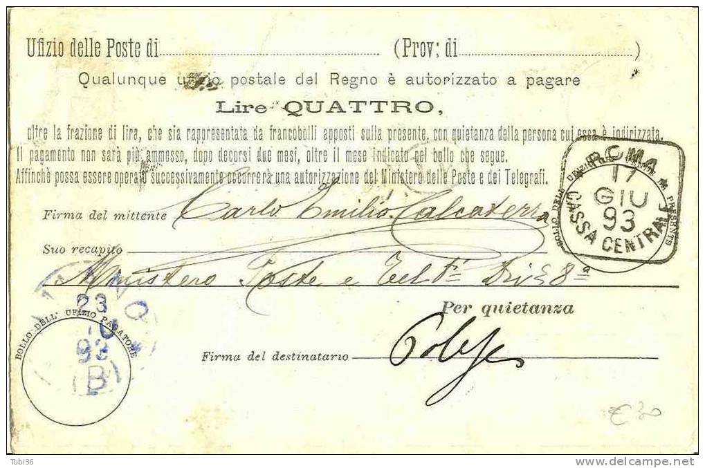 CARTOLINA VAGLIA - LIRE 4  ROMA 1893 - Entiers Postaux