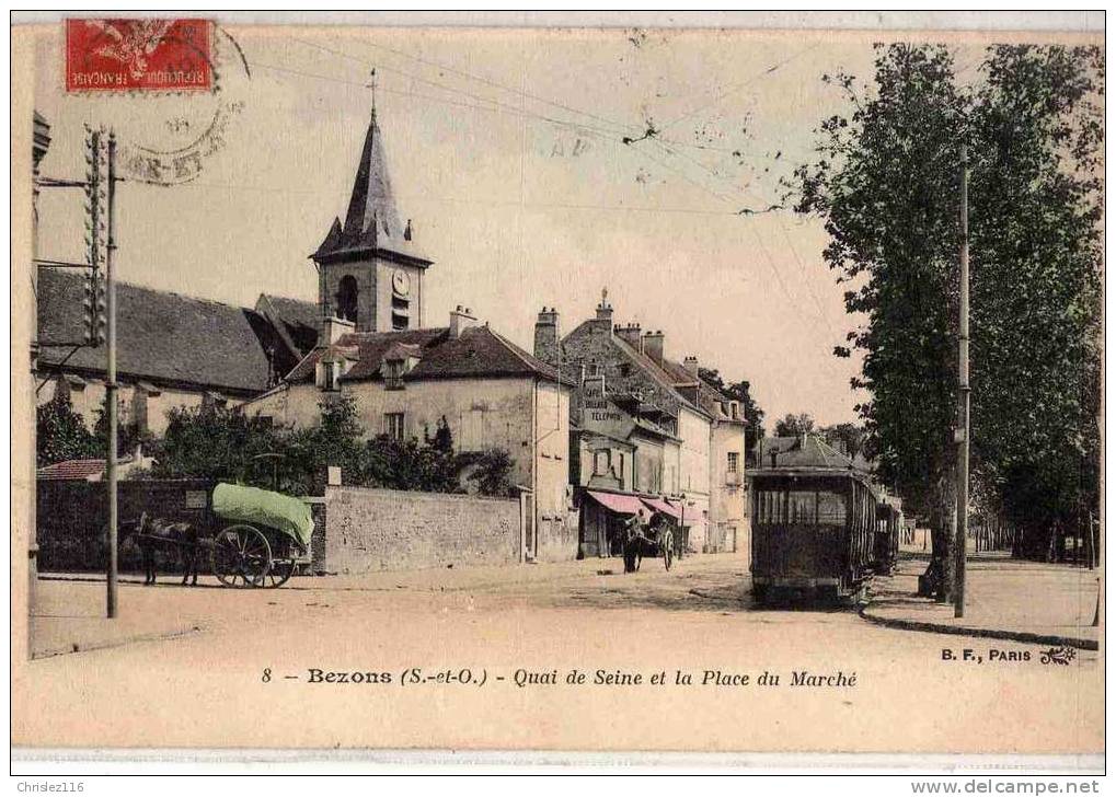 95 BEZONS Quai De Seine Et Place Du Marché  Superbe Couleur  1908 - Bezons