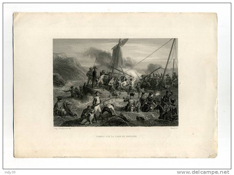 - COMBAT SUR LA PLAGE DE BOULOGNE . GRAVURE SUR ACIER DU XIXe S. - Bateaux