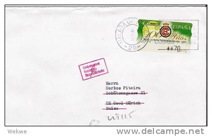 Ep310/ Tennisclub Barcelona, ATM Auf Returbrief  In Die Schweiz (Automatenmarke) - Briefe U. Dokumente