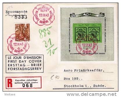 CH135/ / - SCHWEIZ -Genfer-Marken 100 Jahre, FDC Mit Block/R-Zettel Nach Schweden (Stockholm) - Briefe U. Dokumente