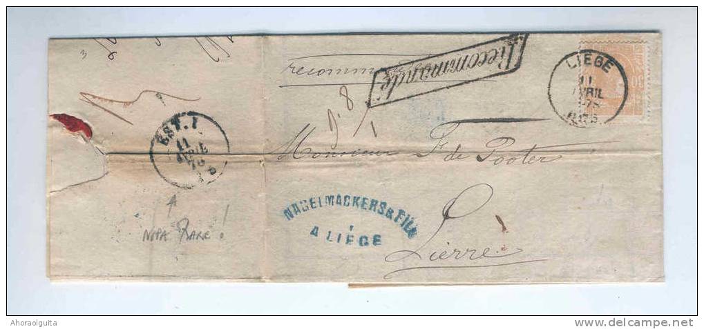 Lettre TP  No 33 LIEGE 1876 à LIERRE - Griffe Encadrée Recommandé - Verso Ambulant DC EST . I ( Coba 30 EUR) --  DT299 - Ambulants