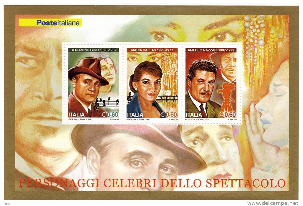 ITALIA 2007  PERSONAGGI CELEBRI DELLO SPETTACOLO. MINI FOGLIO MNH. B.GIGLI,M.CALLAS,A.NAZZARI - Sänger
