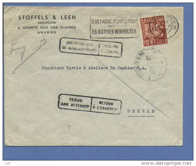 762 Op Brief Met Stempel ANTWERPEN, Naar MERXEM Met Stempel RETOUR / INCONNU..... - 1948 Export